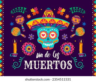 Calavera skull, tropical flowers and maracas on Dia de los Muertos banner. Dia de Los Muertos carnival vector background with musical instrument, ornate sugar skull in sombrero hat, marigold flower