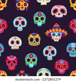 Calavera sugar mexican skulls seamless pattern. Mexico Day of the Dead Dia De Los Muertos or Halloween holiday vector background of Catrina skeleton skulls with sombrero hat and floral ornaments