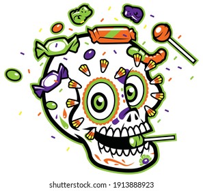 Calavera sugar skull on white background, surrounded by candy.