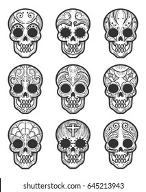 Calavera or sugar skull tattoo set for mexican day of the dead vector art isolated on white background