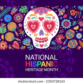 Calavera Zuckerschädel und tropische Blumen. Banner des Nationalfestivals zum Thema Kulturerbe. Vektorhintergrund mit verziertem, totem Kalakakaka-Kopf, der die reiche Kultur der hispanischen Community-Promo feiert