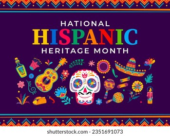 Calavera sugar skull, tropical flowers and musical instruments, food on national hispanic heritage month festival banner or festival flyer with ornate skull, maracas, guitar and sombrero, tequila