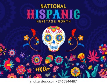 Calavera sugar skull and tropical flowers on national Hispanic heritage month, vector banner. Latin America Hispanic heritage festival background with skull on ethnic Mexican floral pattern ornament