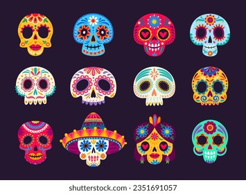 Calavera sugar skulls. Mexican dia de los muertos day of the dead holiday skulls. Cartoon vector set of male and female craniums with floral pattern. Traditional calaca heads for Death celebration