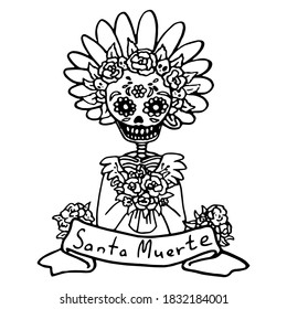 Calavera woman skeleton on white isolated backdrop. Santa muerte text for invitation or gift card, notebook, bath tile, scrapbook. Phone case or cloth print art. Doodle style stock vector illustration