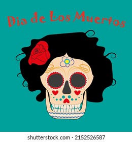 Calaveras Katrina por el Día de los Muertos en México. Imagen de un cráneo de una mujer con una peluca negra y una rosa roja en el pelo, con la inscripción "Dia de los Muertos"