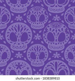 CALAVERITA MEXICANA_MEXICAN SKULL PATTERN PURPLE BACKGROUND