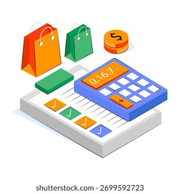 Calc con bolsa, concepto de ilustración de cálculo de compras 