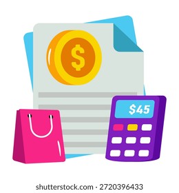 Calc con el bolso, concepto del icono del cálculo de la compra 