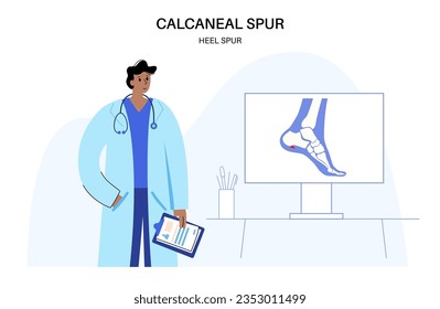 Calcaneal spur anatomy. Foot problem, diagnostic and treatment in podiatry clinic. Heel bone outgrowth from calcaneal tuberosity. Ankle pain and swelling. X ray examination of feet vector illustration