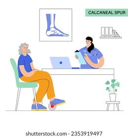 Calcaneal spur anatomy. Foot problem, diagnostic and treatment in podiatry clinic. Heel bone outgrowth from calcaneal tuberosity. Ankle pain and swelling. X ray examination of feet vector illustration