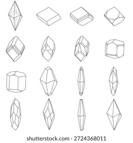 Formas de cristal de calcita: 16 diagramas, arte clásico de líneas blancas y negras Una colección completa de 16 formas de cristal de calcita, que incluyen hábitos romboédricos y escalenoédricos, presentadas en un estilo de arte de línea negra limpio y minimalista sobre un fondo blanco. Perfecto para libros de texto científicos, materiales educativos de mineralogía y páginas para colorear para estudiantes de geología.