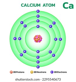 Estructura atómica de calcio. Consta de 20 protones y 20 electrones y 20 neutrones. Información para la química del aprendizaje