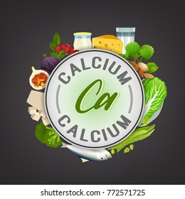 Calcium banner. Beautiful vector illustration with caption lettering and top foods highest in calcium isolated on a dark grey background. Useful for leaflet, brochure or poster design