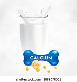 Calcium bones and a glass of milk are placed side by side. Calcium Mineral and vitamin complex. Dietary supplement bone, Medical or healthcare concept.