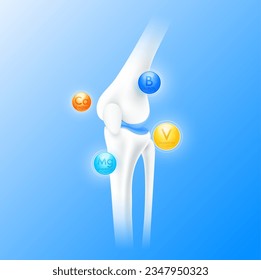 Calcium Boron Vanadium and Magnesium surround bone cartilage. Vitamins minerals care bone knee joint. Healthy human skeleton anatomy isolated on blue background. Realistic 3D vector.