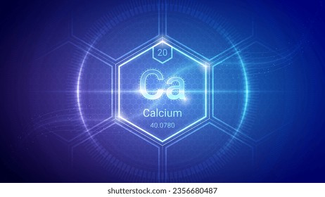 Calcium (Ca) (020) Alkaline Earth Metal - Fundamental Element Futuristic Neon Light Glow Hexagon Block Grid Background Design - Periodic Table, Chemical Symbol, Name, Atomic Mass, Atomic Number