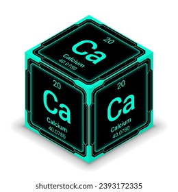 Calcium (Ca) (020) - Fundamental Element Futuristic Cybernetic Cube Block Isometric View, Icon Isolated White Background, Periodic Table, Chemical Symbol, Name, Atomic Mass, Atomic Number