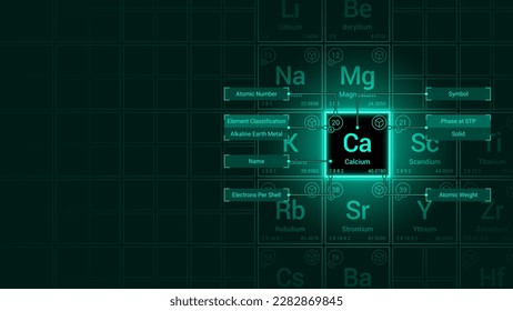 Calcium (Ca) Element Neon Light Glow Square Grid Background Design - Periodic Table, Chemical Symbol, Name, Atomic Weight, Atomic Number, Electron Shells, Classification, Phase at STP