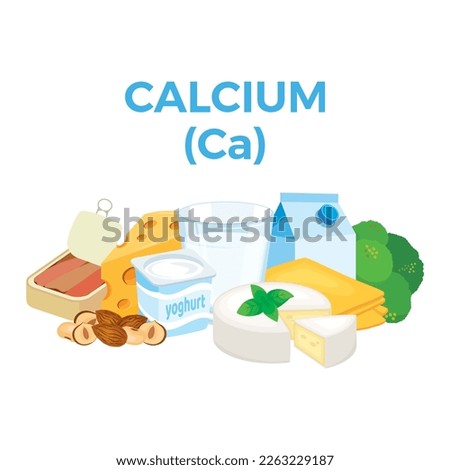 Calcium (Ca) in food icon vector. Calcium food sources vector illustration isolated on a white background. Milk, cheese, yogurt, hazelnuts vector. Pile of healthy fresh food drawing