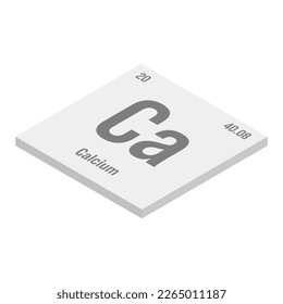 Calcium, Ca, gray 3D isometric illustration of periodic table element with name, symbol, atomic number and weight. Alkaline earth metal with various industrial uses, such as in construction