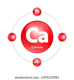 Calcium (Ca) Icon structure chemical element round shape circle light red with surround ring. 3D Illustration vector. Period number shows of energy levels of electron. Study science for education