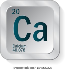 Calcium or Ca periodic table element icon on silver metallic button vector illustration.