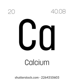 Calcium, Ca, periodic table element with name, symbol, atomic number and weight. Alkaline earth metal with various industrial uses, such as in construction, pharmaceuticals, and as a nutrient