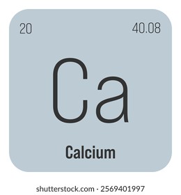 Calcium, Ca, periodic table element with name, symbol, atomic number and weight. Alkaline earth metal with various industrial uses, such as in construction, pharmaceuticals, and as a nutrient