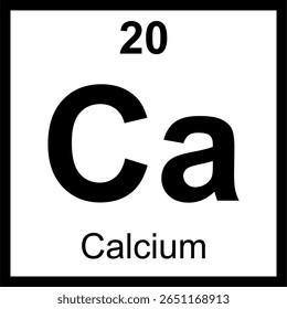 Quadro periódico de elementos de cálcio (Ca). Ícone com número atômico 20. Metal alcalino terroso essencial para ossos e dentes. Educação em saúde e ciências.