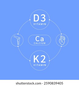 Calcium Ca surrounded by Vitamin D3 and Vitamin K2. Helps nourish body bone heart. Used for design dietary supplement products. Medical health care concept. Vector.