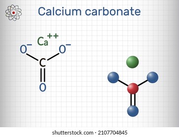 Calcium carbonate molecule. It is ionic compound, carbonic salt of calcium CaCO3, calcium salt, food additive E170. Structural formula, molecule model. Sheet of paper in a cage. Vector illustration