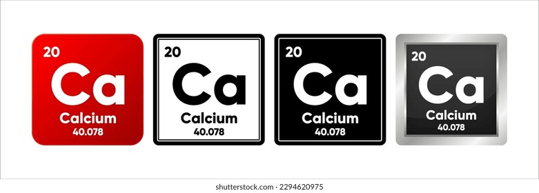 Calcium chemical element with 20 atomic number, atomic mass and electronegativity values. Periodic table concept. Logo in four design. Simple black, realistic and color logo. Vector illustration.