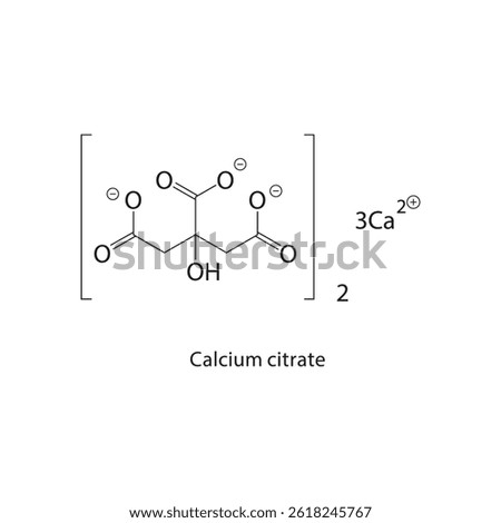 Calcium citrate skeletal structure. Calcium salt compound schematic illustration. Simple diagram, chemical formula.