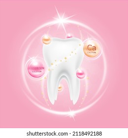 Tratamiento con vitamina de colágeno cálcico. Ayuda a sanar dientes. Anatomía de dientes humanos. Concepto odontológico médico. En un fondo rosado. EPS10 vector 3d realista.