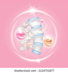 Calcium collagen vitamin therapy. Help heal backbone disc arthritis. Human bone anatomy. Skeleton x ray scan. Medical or healthcare concept. bone protection. Realistic 3d bone Vector.