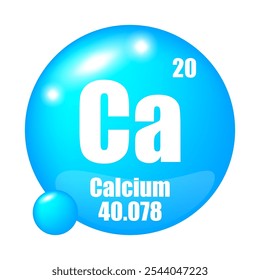 Calcium element. Atomic symbol Ca. Atomic number twenty. Mass 40.078.