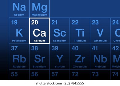 Elemento de cálcio na tabela periódica. Terra de metal alcalino com número atômico 20 e símbolo Ca do latim calx, que significa cal. Os eletrólitos desempenham um papel vital nos processos fisiológicos e bioquímicos.