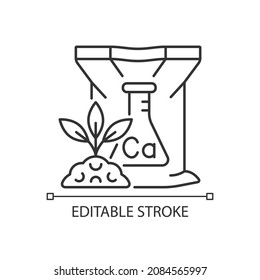 Calcium fertilizers linear icon. Chemical and organic supplements for plants. Egg shell meal. Thin line customizable illustration. Contour symbol. Vector isolated outline drawing. Editable stroke
