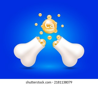 Calcium float out of the bone capsule. Help heal arthritis knee joint, pain in leg. Healthy bones on blue background. Used for nutrition products food template design. 3D Vector EPS10.