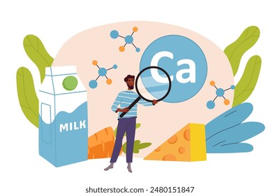 El calcio en el concepto de alimentos. Hombre con lupa cerca de leche y zanahorias. Alimentación saludable con vitaminas. Un joven estudia productos lácteos. Nutrición y dieta adecuadas. Ilustración vectorial plana de dibujos animados