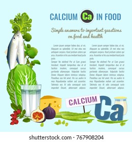 Calcium in food template.  Print, leaflet, poster design with top Ca foods - greens, dairy products, fruits, nuts and fish and a copyspace for your text. Beautiful vector illustration