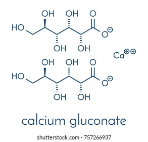 Calcium gluconate drug. Soluble form of Ca, used to treat magnesium overdose, hypocalcemia and hydrofluoric acid (HF) burns. Skeletal formula.