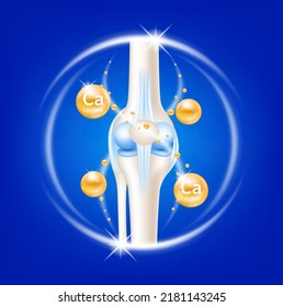 Calcium help heal arthritis knee joint, pain in leg. Healthy bone skeleton x ray scan. On a blue background. Used for nutrition products food template design. 3D Vector EPS10.