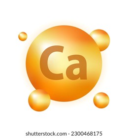 Calcium icon. Ca vitamin yellow. Helps maintain brain, strong bone. Medical and dietary supplement health care concept. Realistic 3d bubble. Design capsule. Deficiency vitamins. Vector illustration