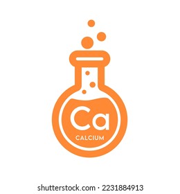 Calcium icon in test tube orange. Periodic table symbol. Science glass tube circle shape isolated on white background. Ecology biochemistry concept. Vector EPS 10.