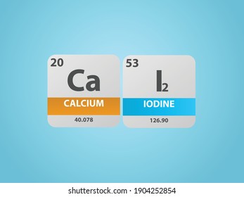 Calcium Iodide CaI2 molecule. Simple molecular formula consisting of Calcium, Iodine elements. Chemical compound simplified structure on blue background, for chemistry education 