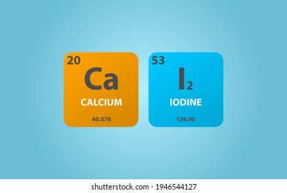 Calcium Iodide CaI2 molecule. Simple molecular formula consisting of Calcium, Iodine,  elements. Chemical compound simplified structure on blue background, for chemistry education
