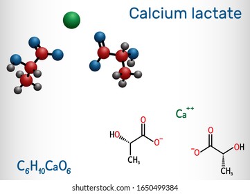 Calcium lactate, C6H10CaO6, lactate anion molecule. It is used in medicine to treat calcium deficiencies and as food additive E327. Structural chemical formula and molecule model. Vector illustration