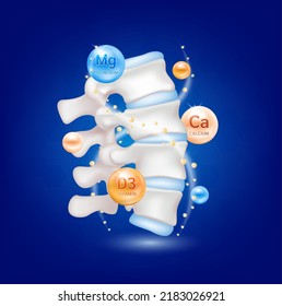 Calcium Magnesium Vitamin D3 therapy. Help heal backbone disc arthritis. Human bone anatomy. Skeleton x ray scan. Medical or healthcare concept. Realistic 3d vector bone on a blue background.